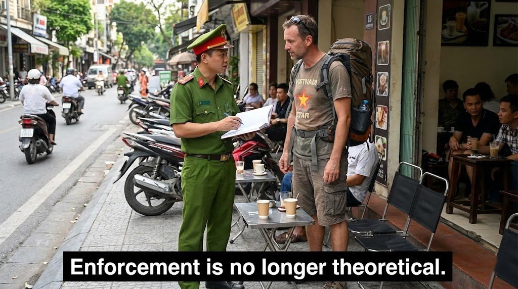 Police officer speaking to expat