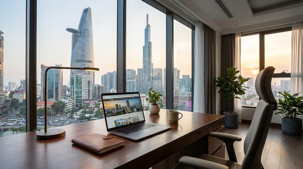 Sleek home office setup with laptop and Saigon skyline view